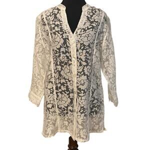 White Unconventional Lace Sheer Tunic w/ Mother of Pearl Buttons (M) Linen Blend